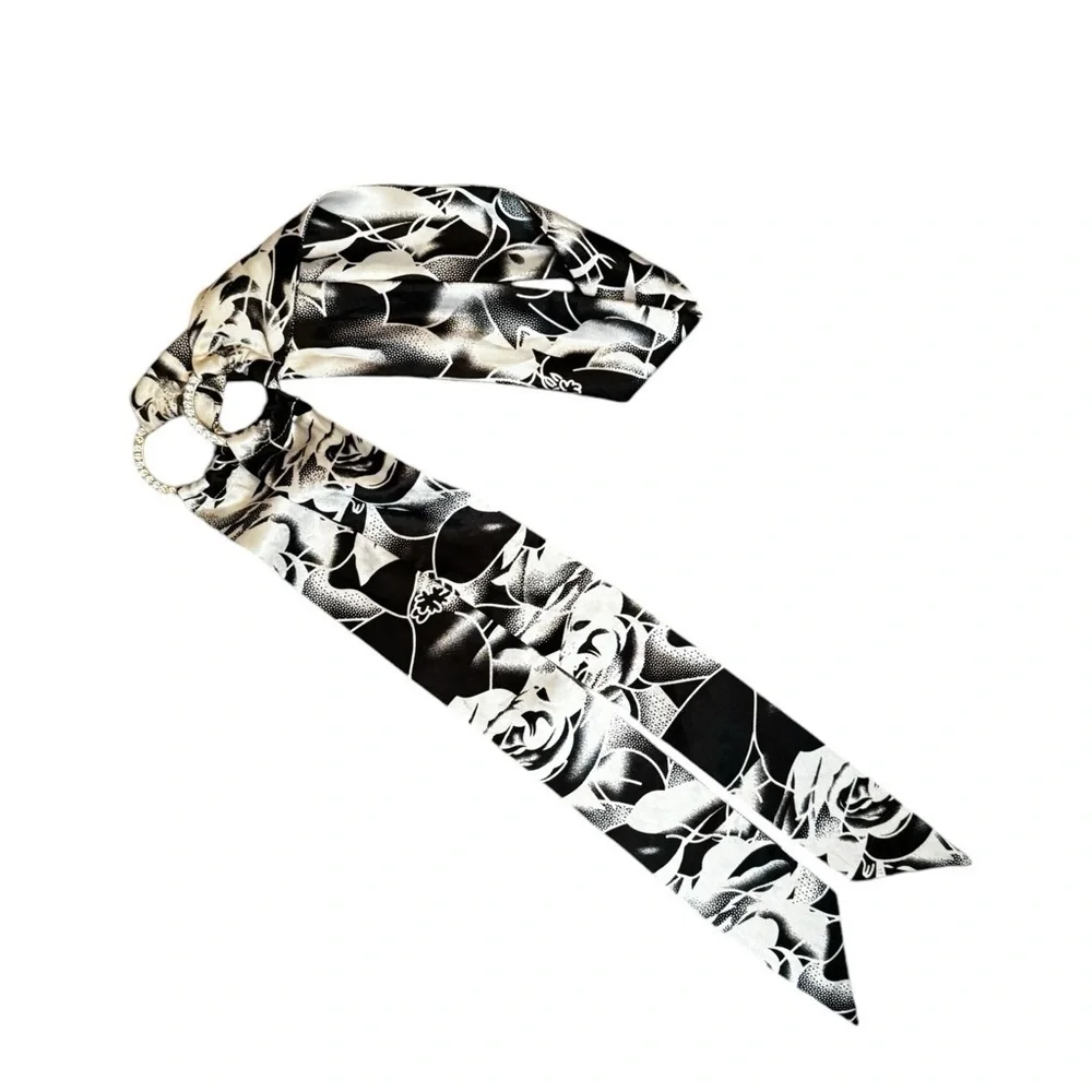 Y2K Style Bling Belt  Rhinestone Accents Black and White Floral Party Floral
